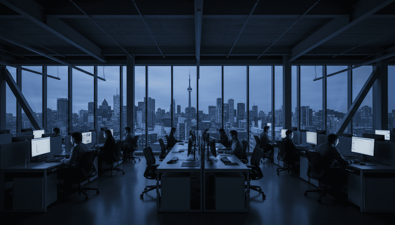 Modern Toronto office interior at dusk with professionals working