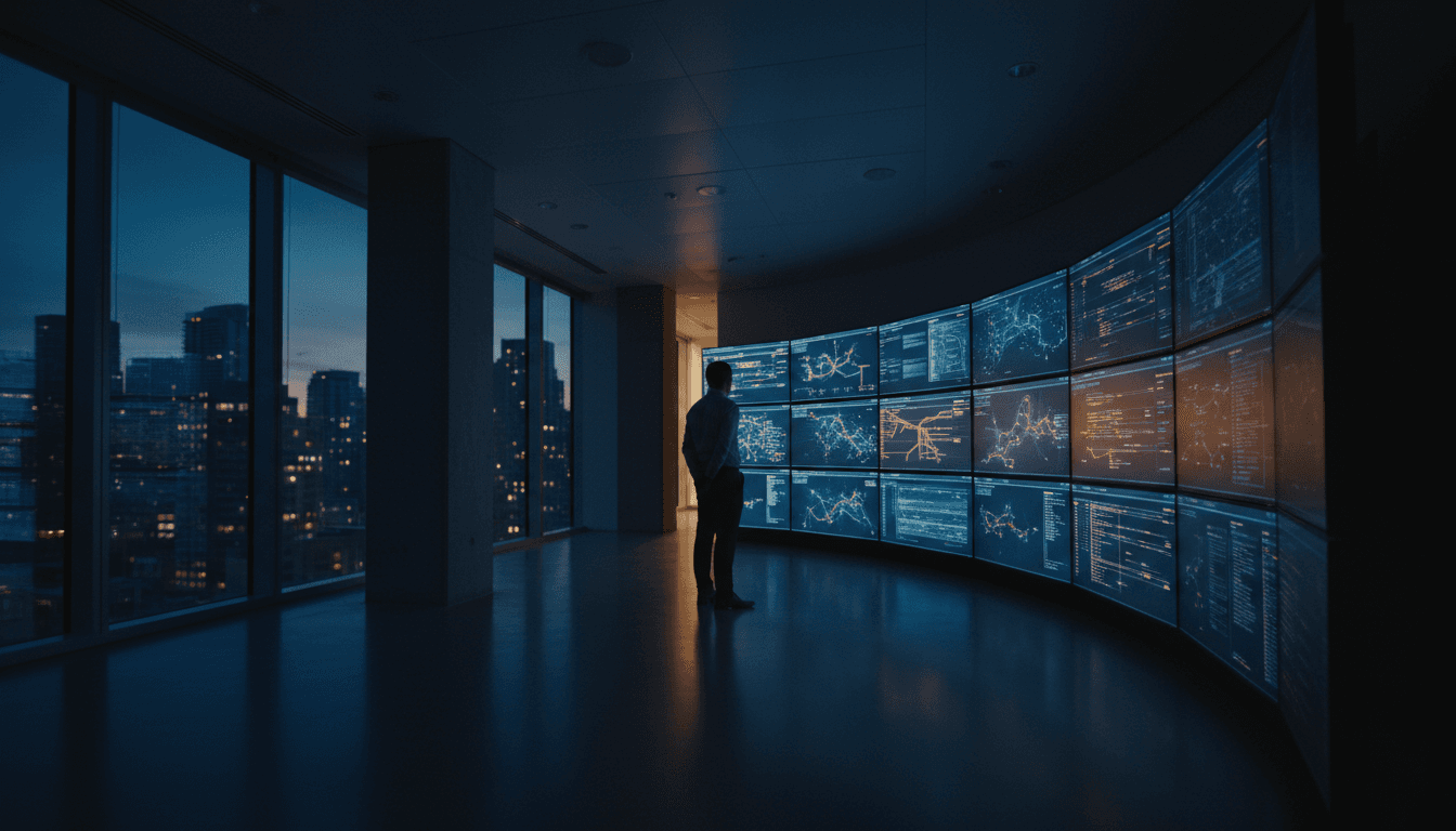 Security analyst monitoring network activity on screens in a dim Toronto office