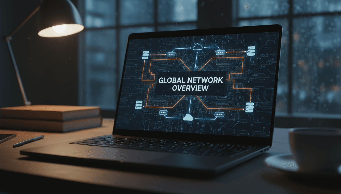 Laptop screen with a network diagram in a dim Toronto office
