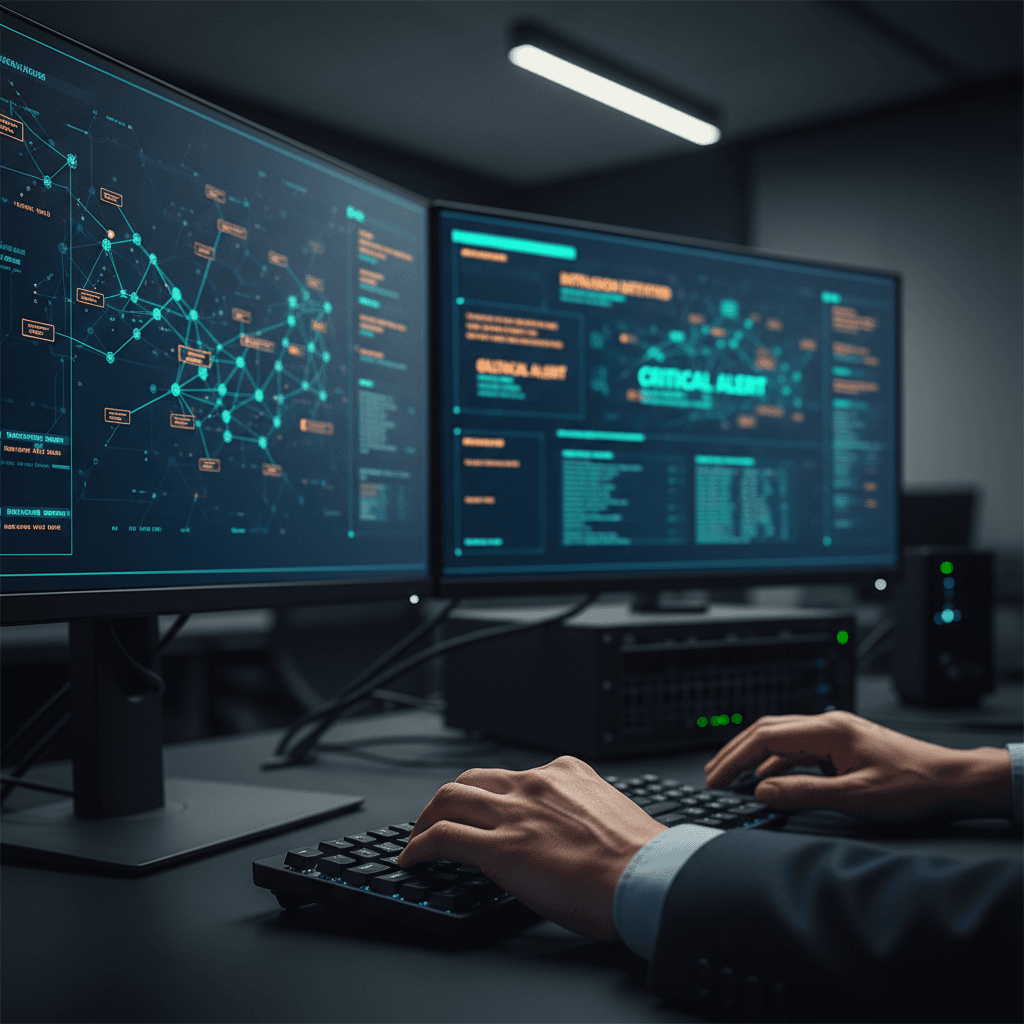 Cybersecurity consultant reviewing network data on a laptop in a Toronto office at dusk