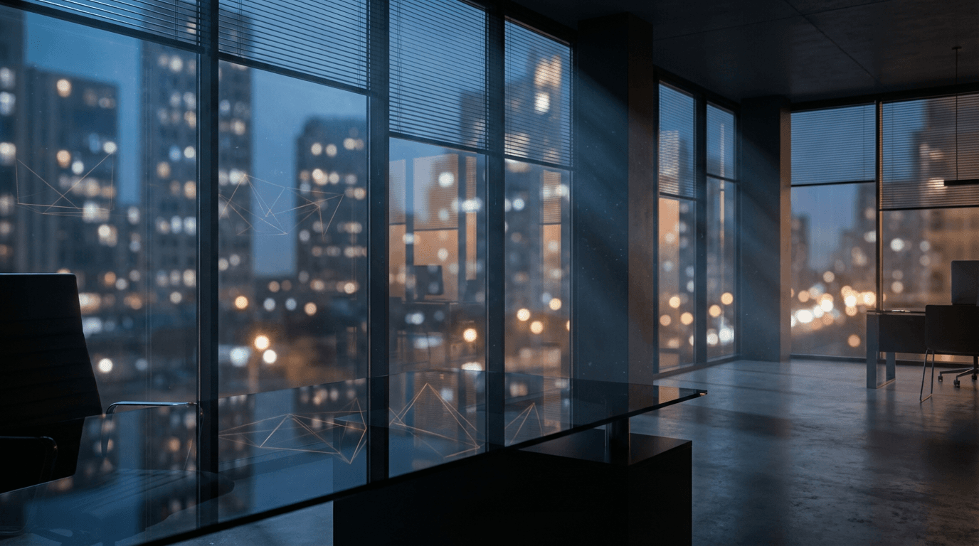 Modern office with computer monitors glowing in low light