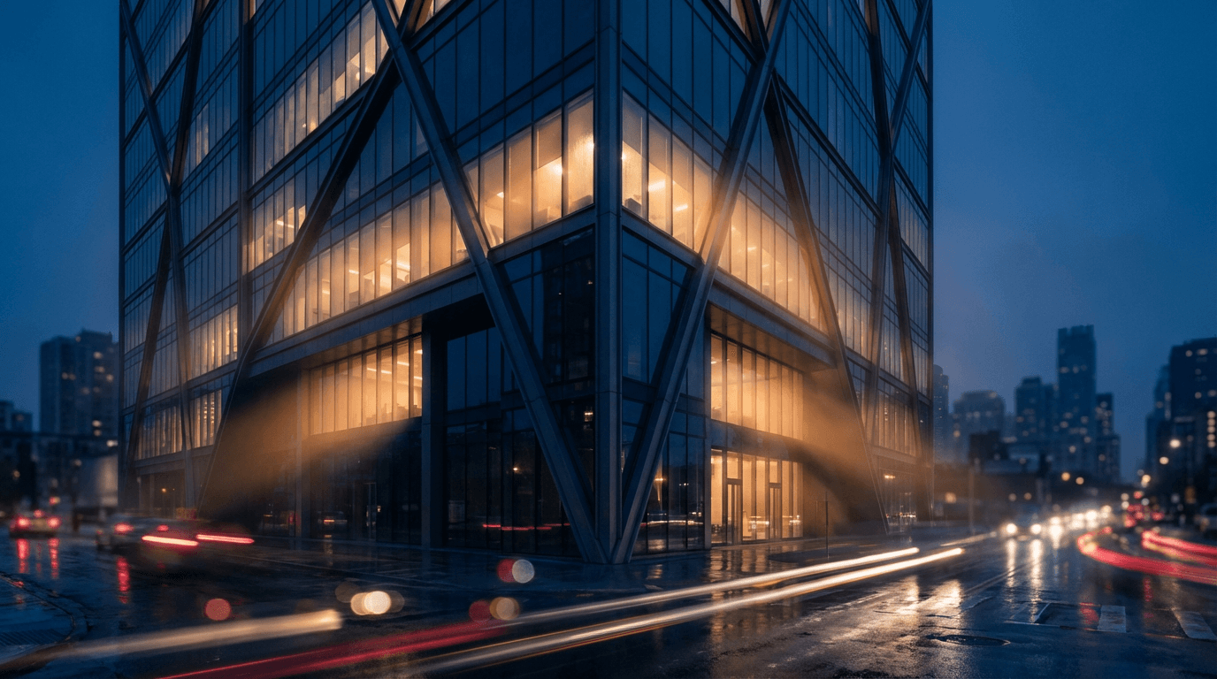 Modern office building in Toronto at dusk with subtle blue light trails