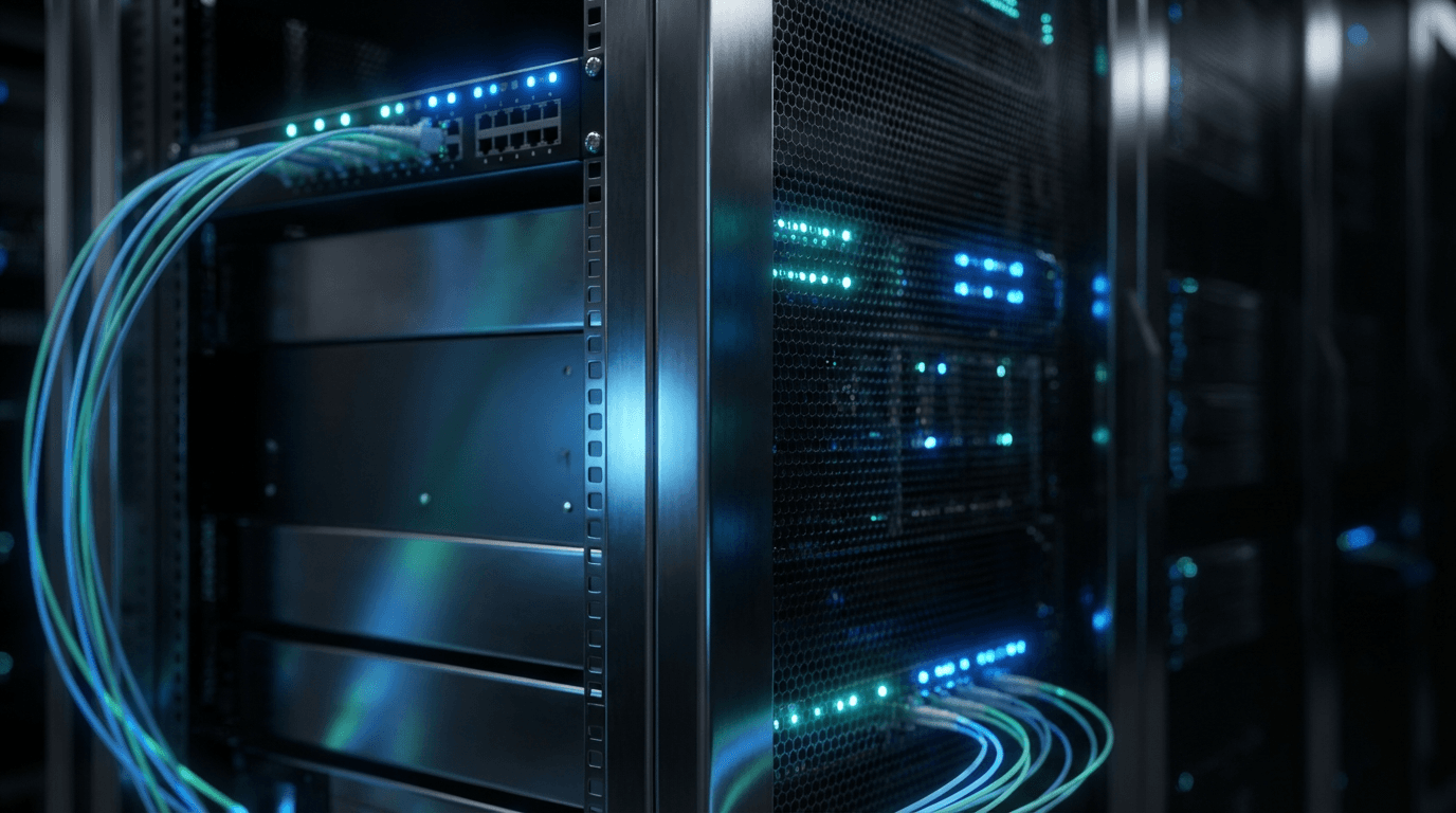 Close-up of network server rack with blinking lights in a dark room