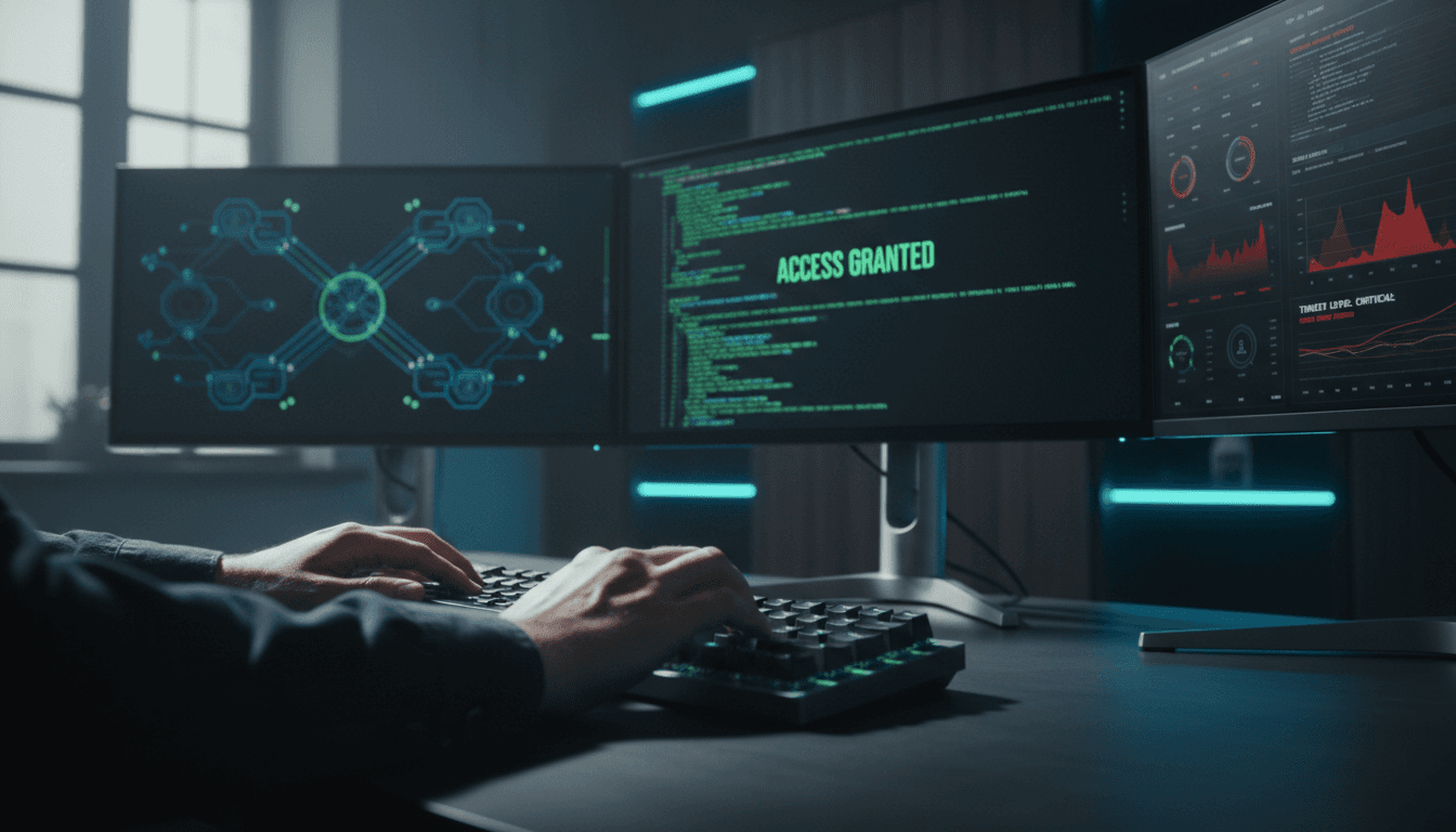 Security specialist working on a laptop in a dim Toronto office